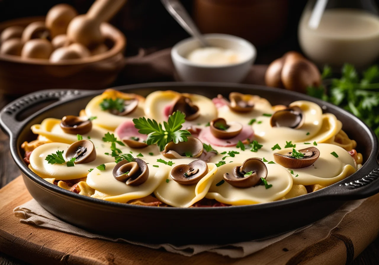 Tortellini Ham Gratin with Mushrooms