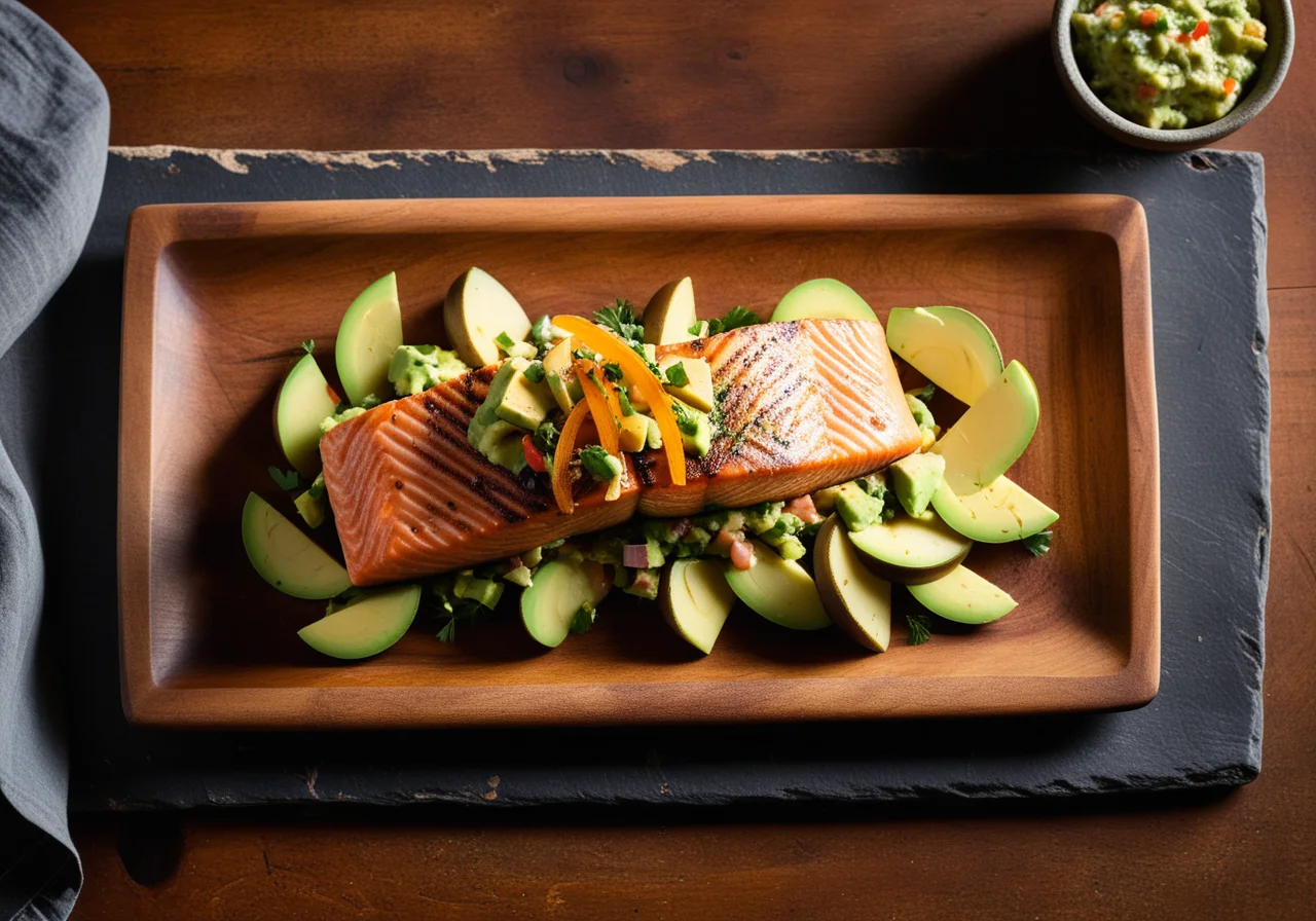Salmon Fillet with Avocado and Crispy Potato Strips