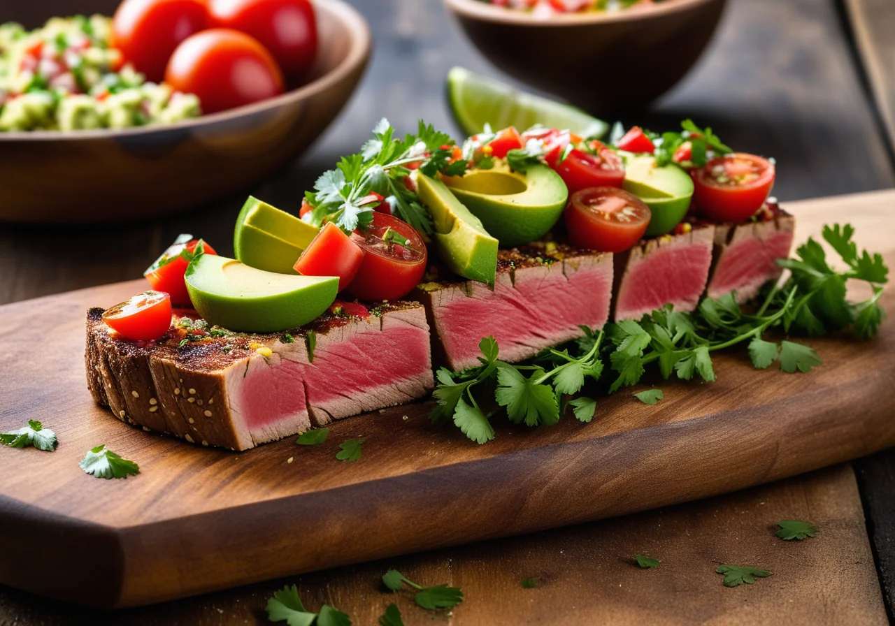 Tuna steak with avocado and tomato salsa