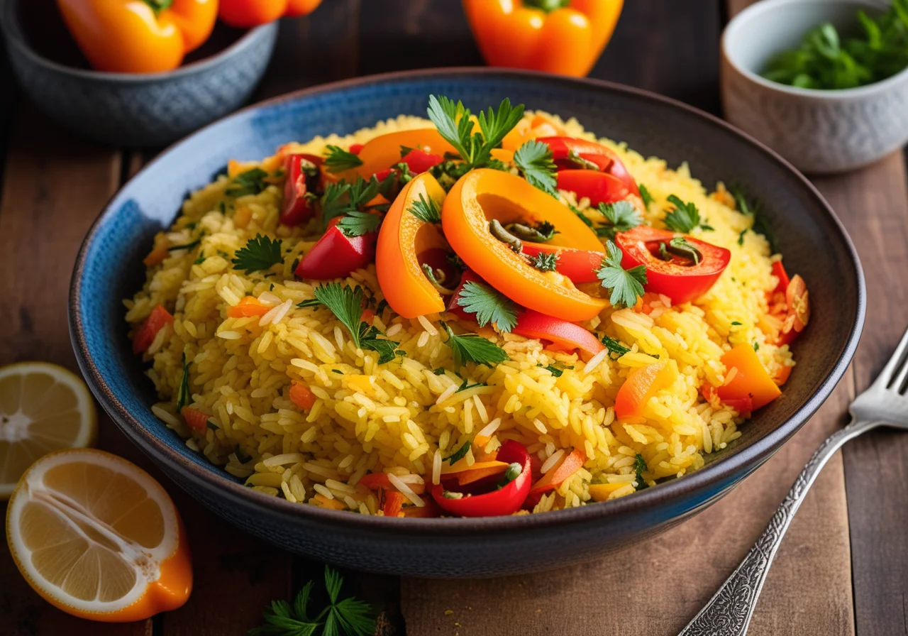 Vegan Paella with Chickpeas, Bell Pepper, Olives and Mint