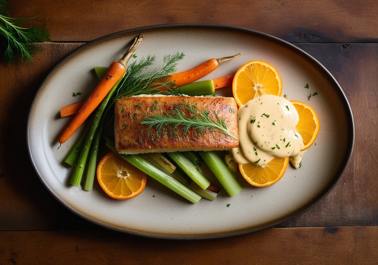 Lengfish Fillet with Mustard Butter and Vegetable Bed