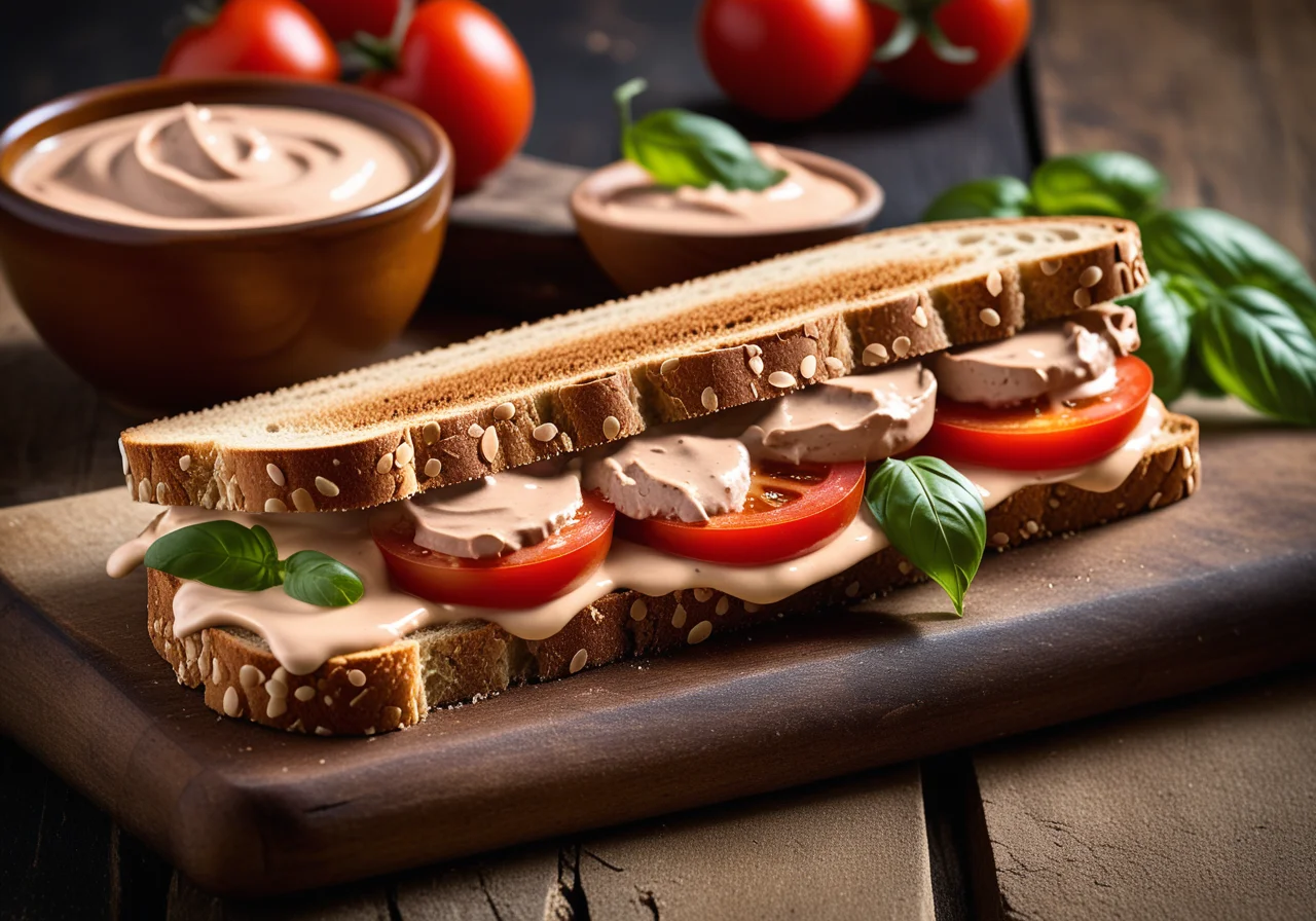 Whole‑grain sandwich with tomato‑bean cream