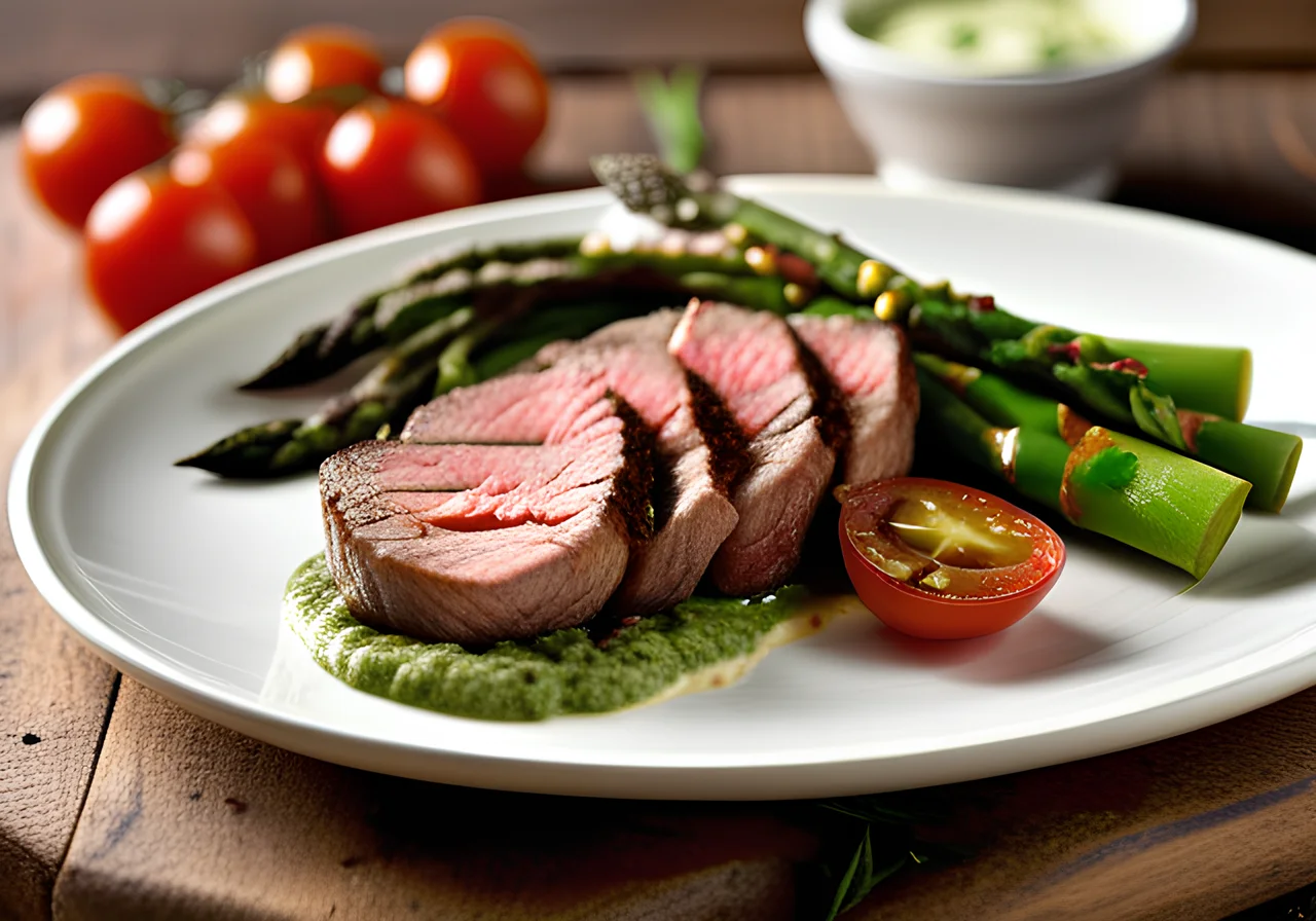 Steaks with Asparagus Pesto Topping