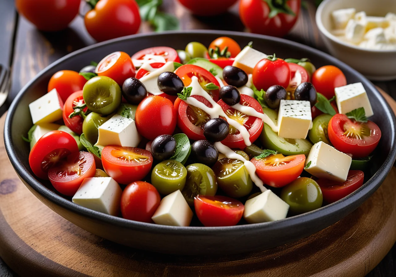 Tomato, Cheese, Olive and Pepper Salad with Honey Vinaigrette