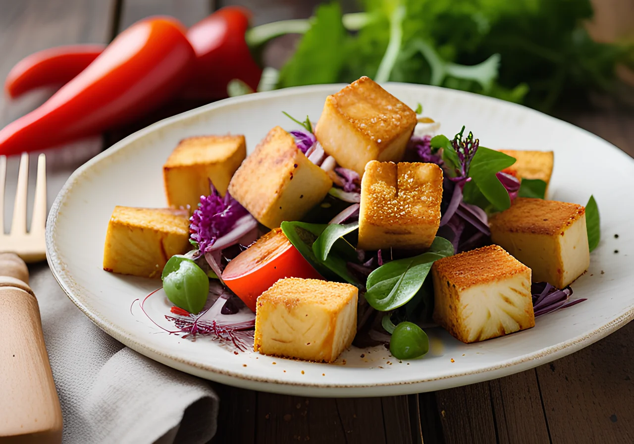 Vegetable Salad with Fried Tofu and Parmesan