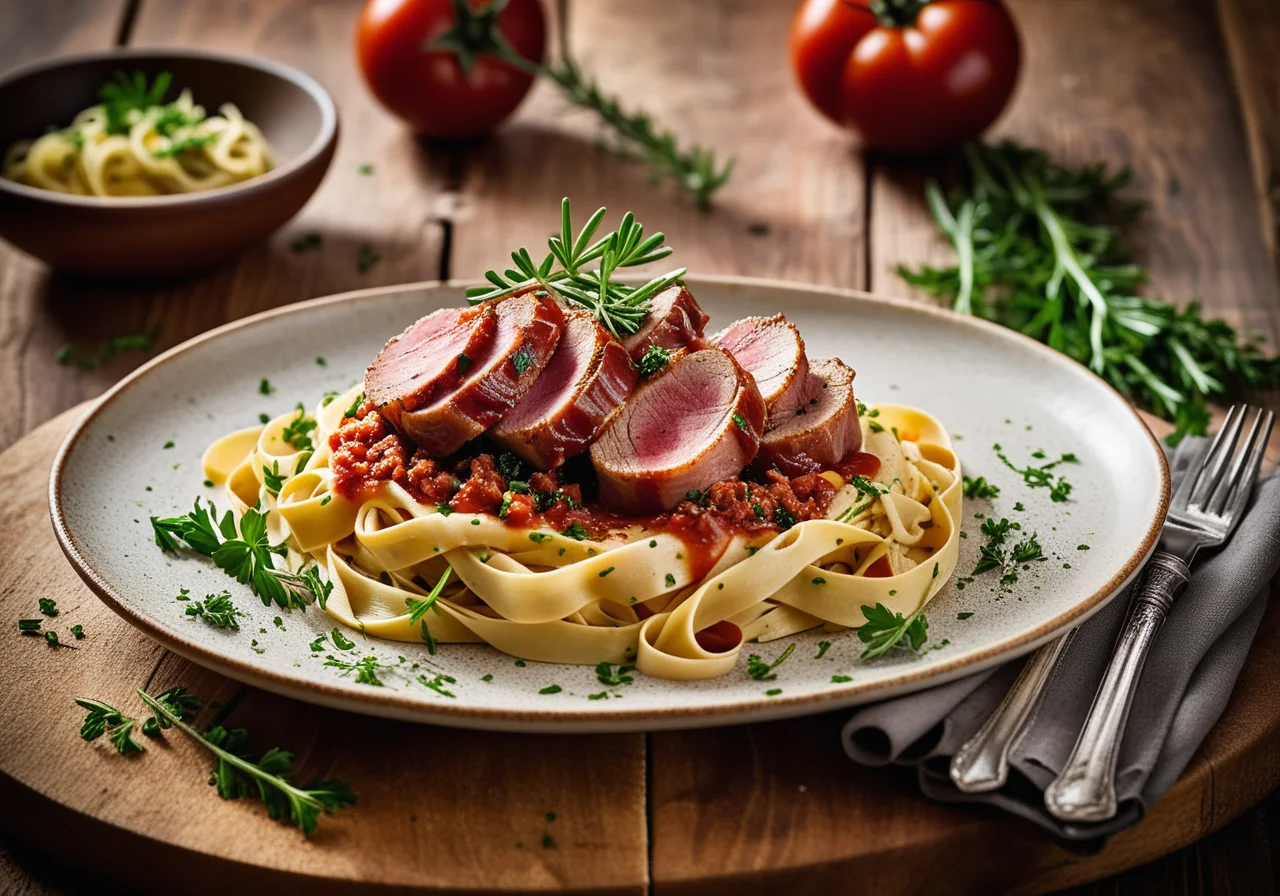 Pork Fillet Wrapped in Bacon on Tagliatelle with Tomato Sauce