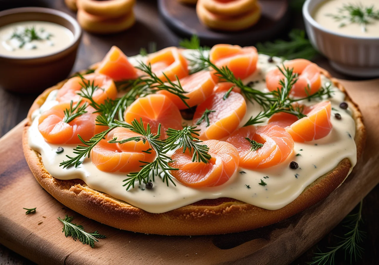 Pizza bread with cream cheese, salmon and onions