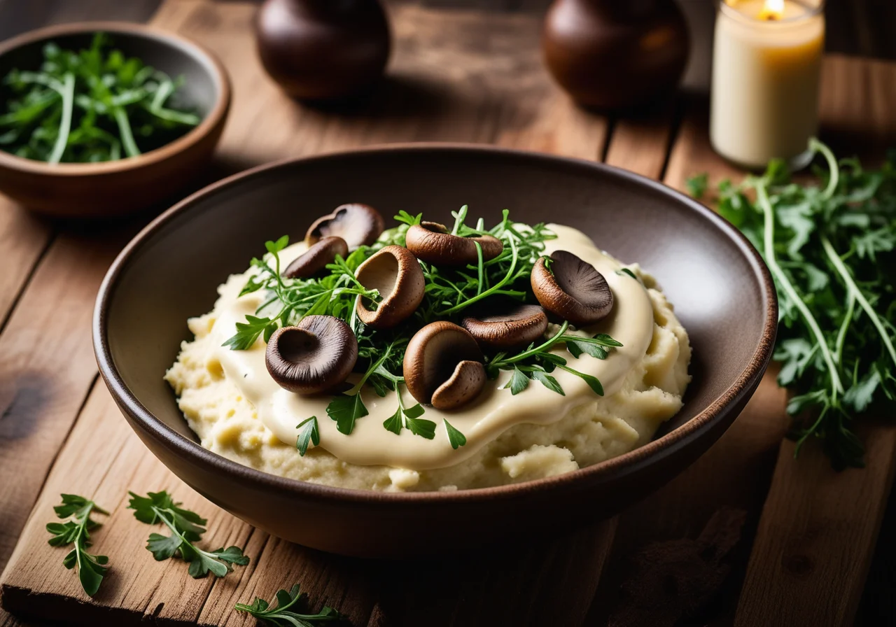 Mashed Potatoes with Mushrooms and Arugula