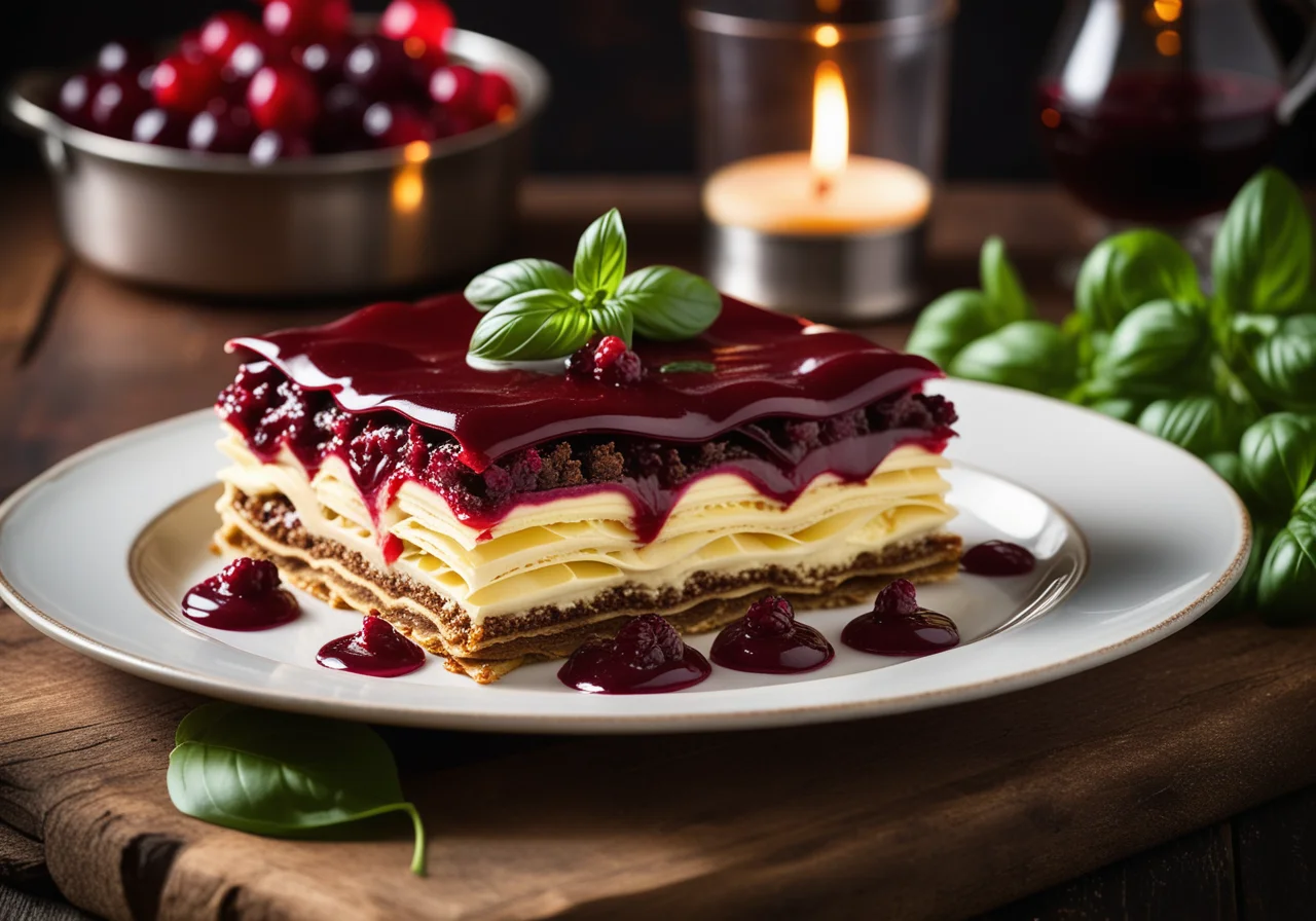 Chicken in Chocolate Lasagna Sheets with Cranberry Sauce