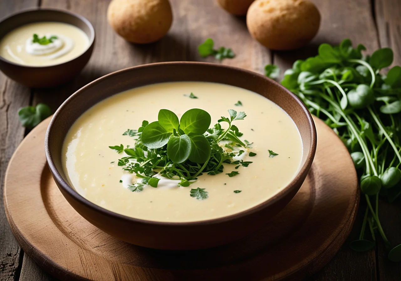 Potato Cream Soup with Watercress and Panko Croutons