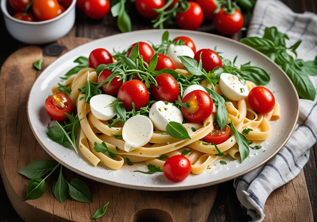 Pasta with Mozzarella, Cherry Tomatoes and Arugula
