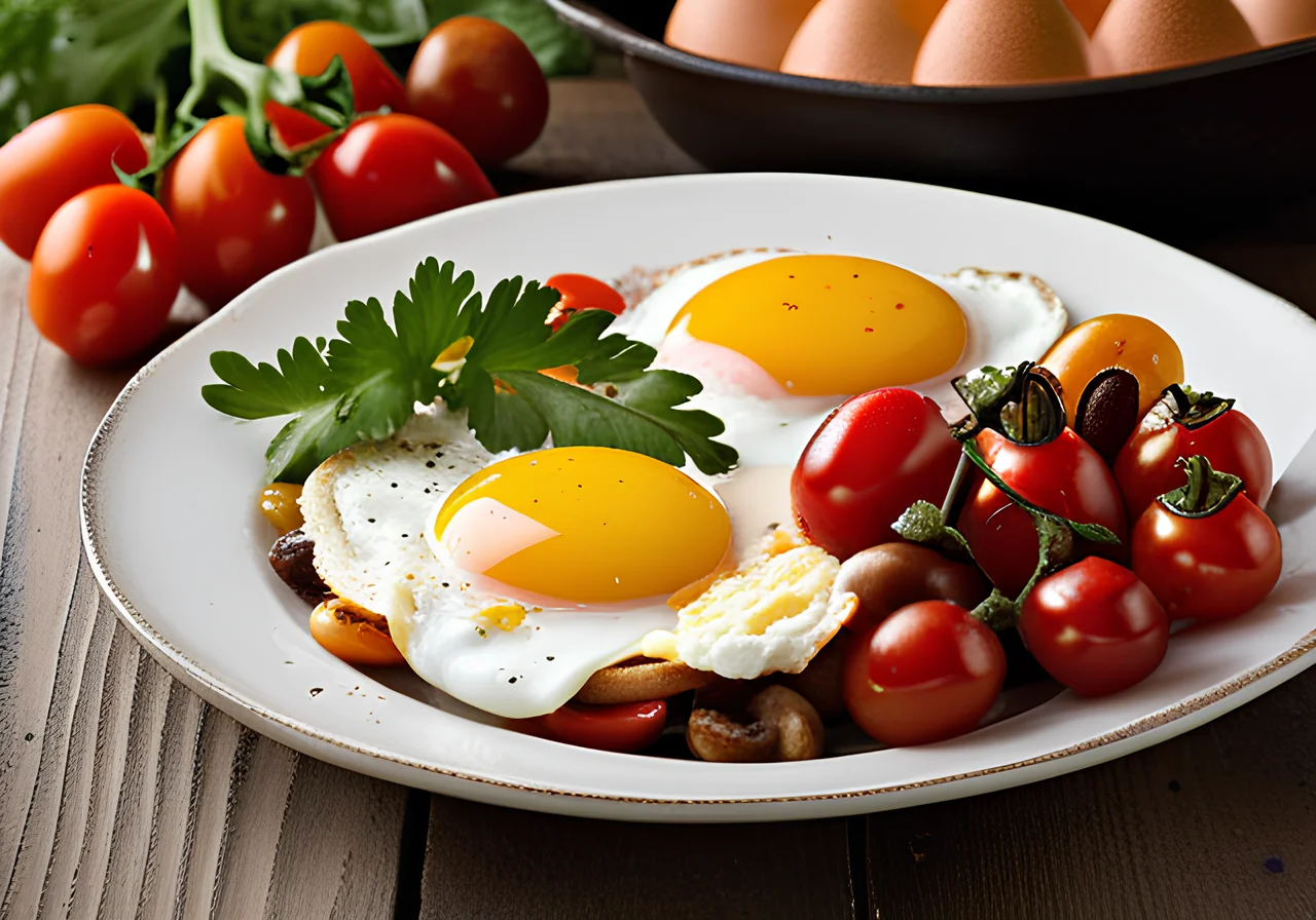 English Breakfast with Fried Egg, Mushrooms and Tomatoes