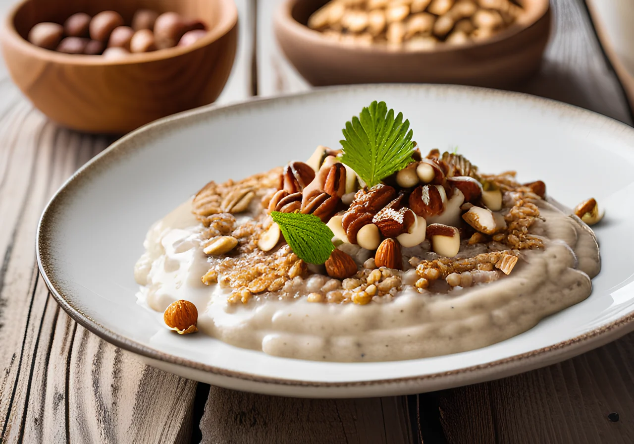 Spelt Griddle Porridge with Elderflower Sauce and Toasted Hazelnuts