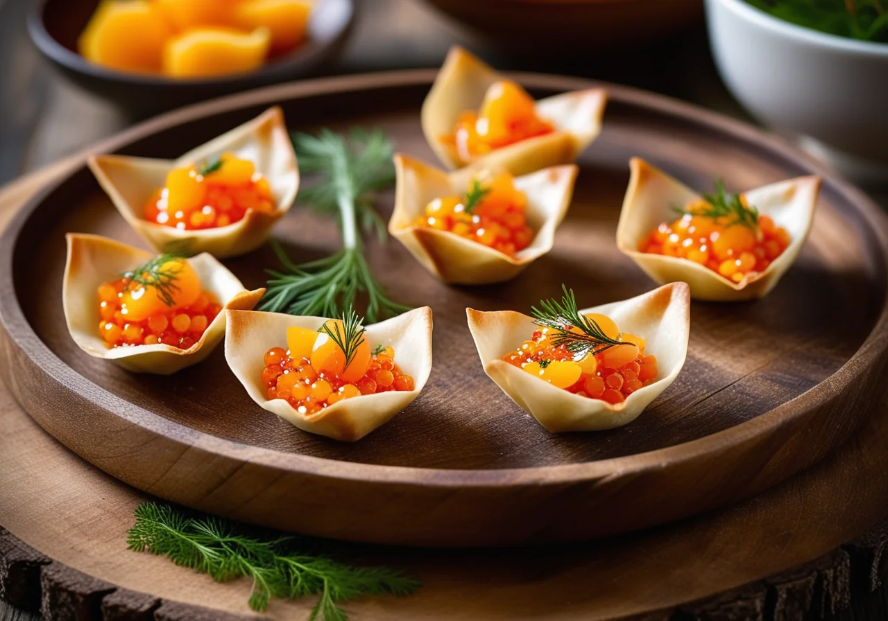 Wonton Baskets with Quail Egg and Trout Caviar