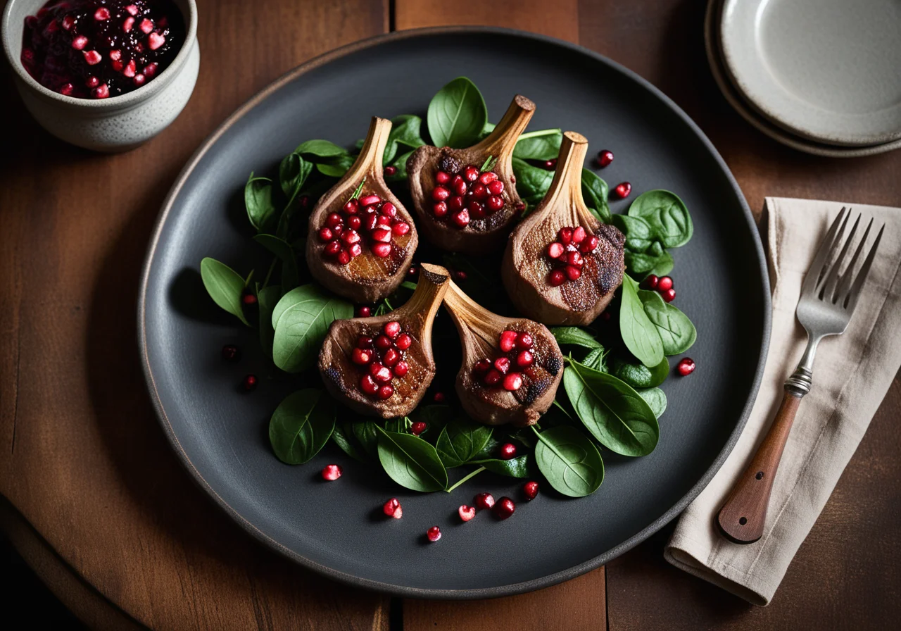 Lamb Chops with Pomegranate Seeds and Spinach