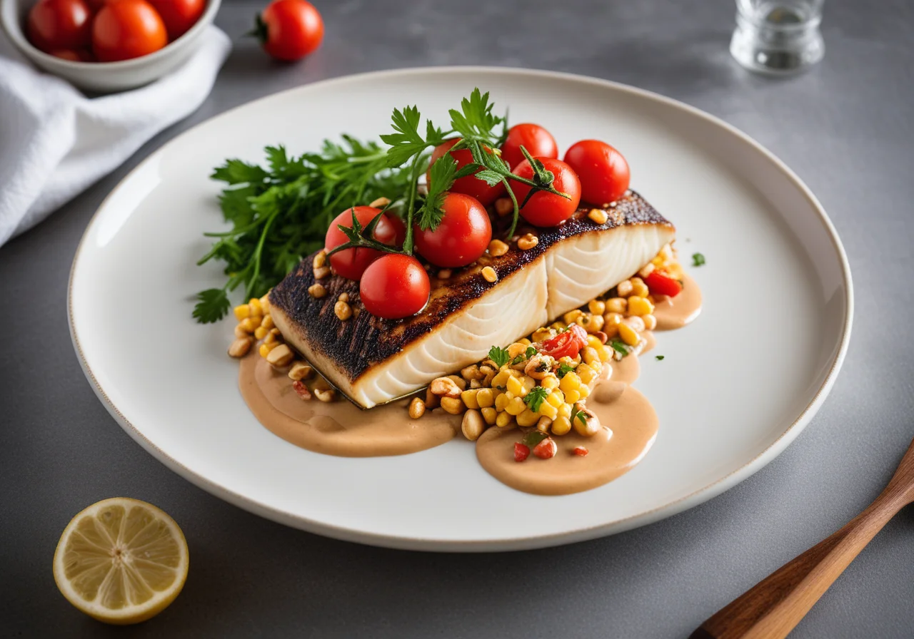 Sea bass fillet with spicy peanut sauce and tomato corn confit