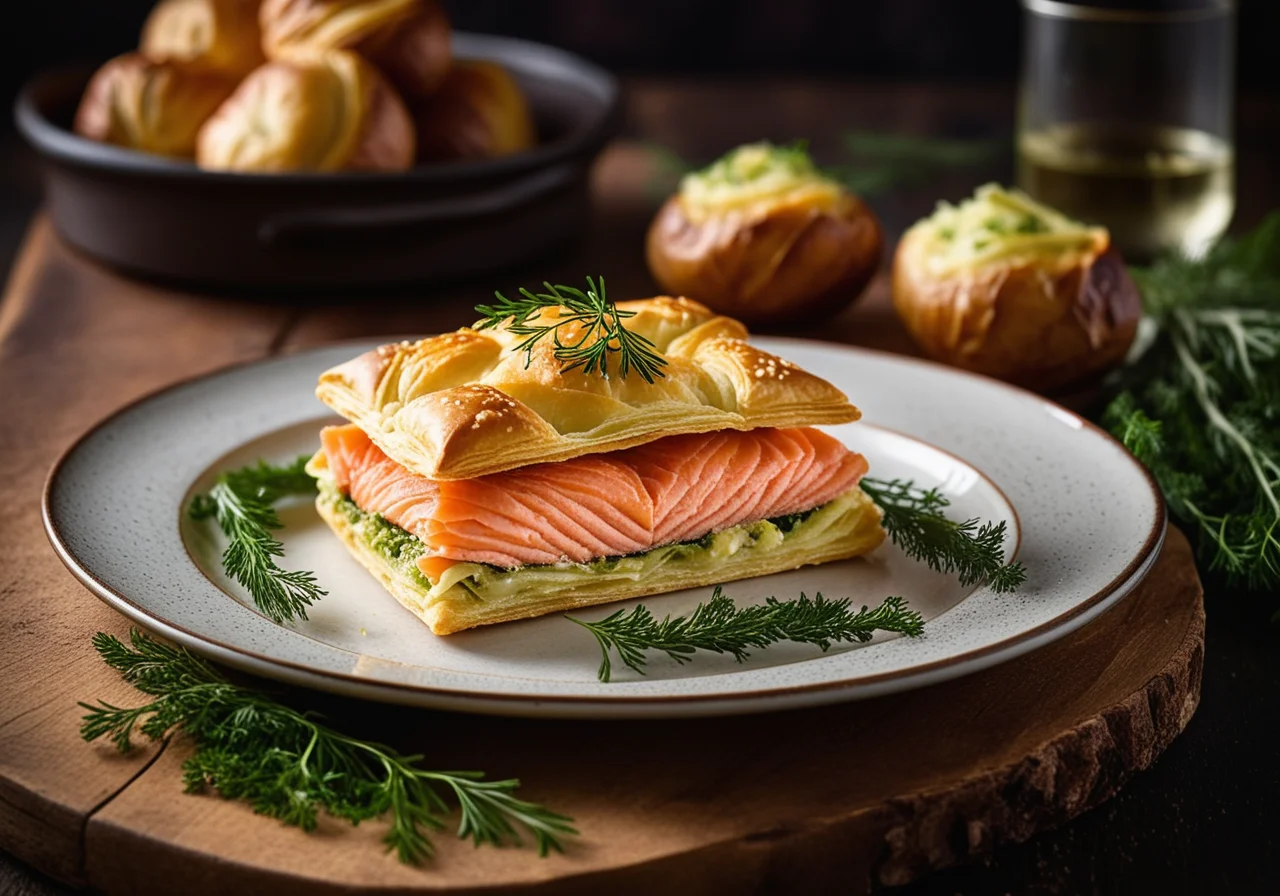 Salmon with Savoy Cabbage in Puff Pastry with Potatoes