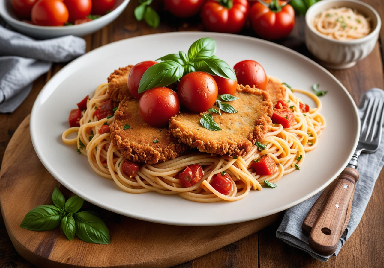 Schnitzel on Pasta with Tomato Sauce