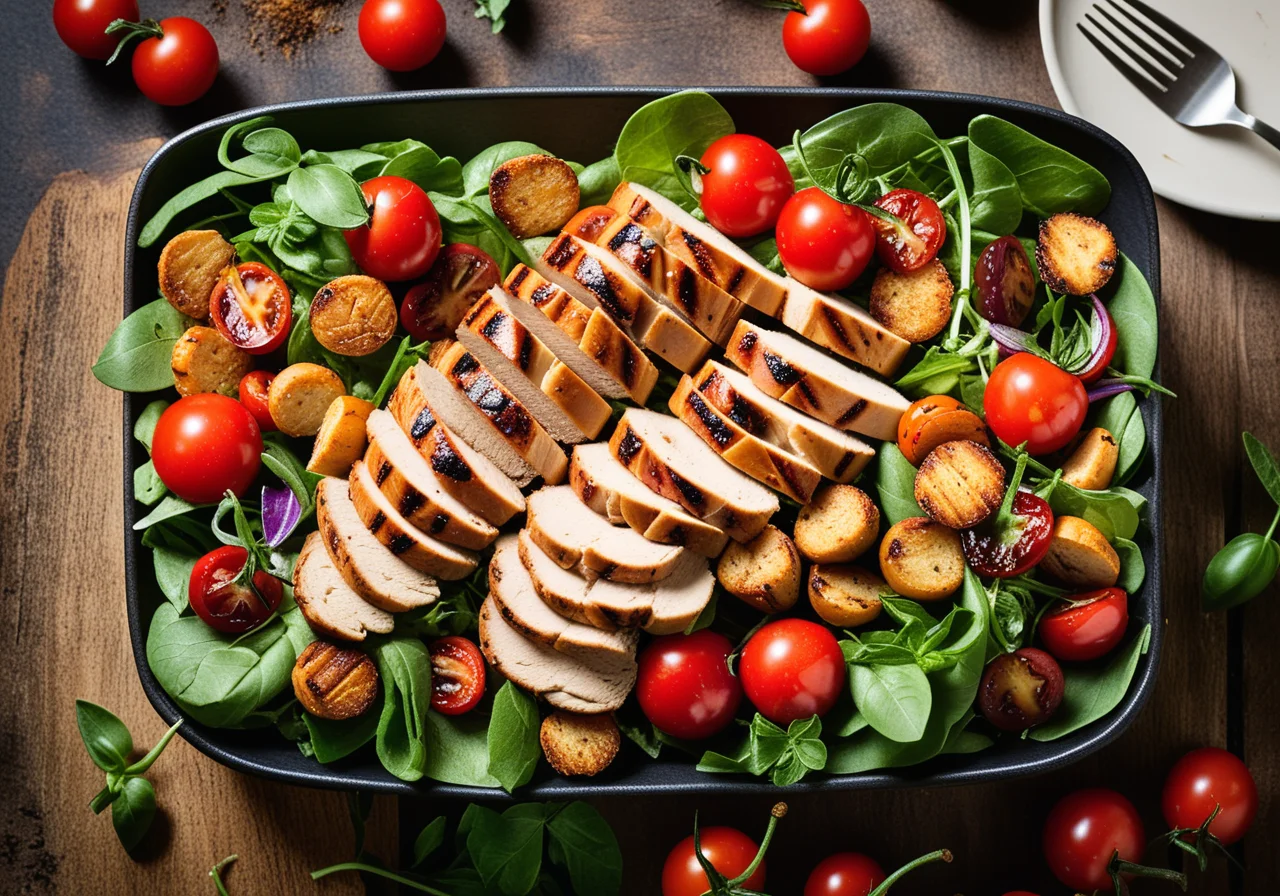 Grilled Chicken Salad with Cherry Tomatoes and Heart Croutons