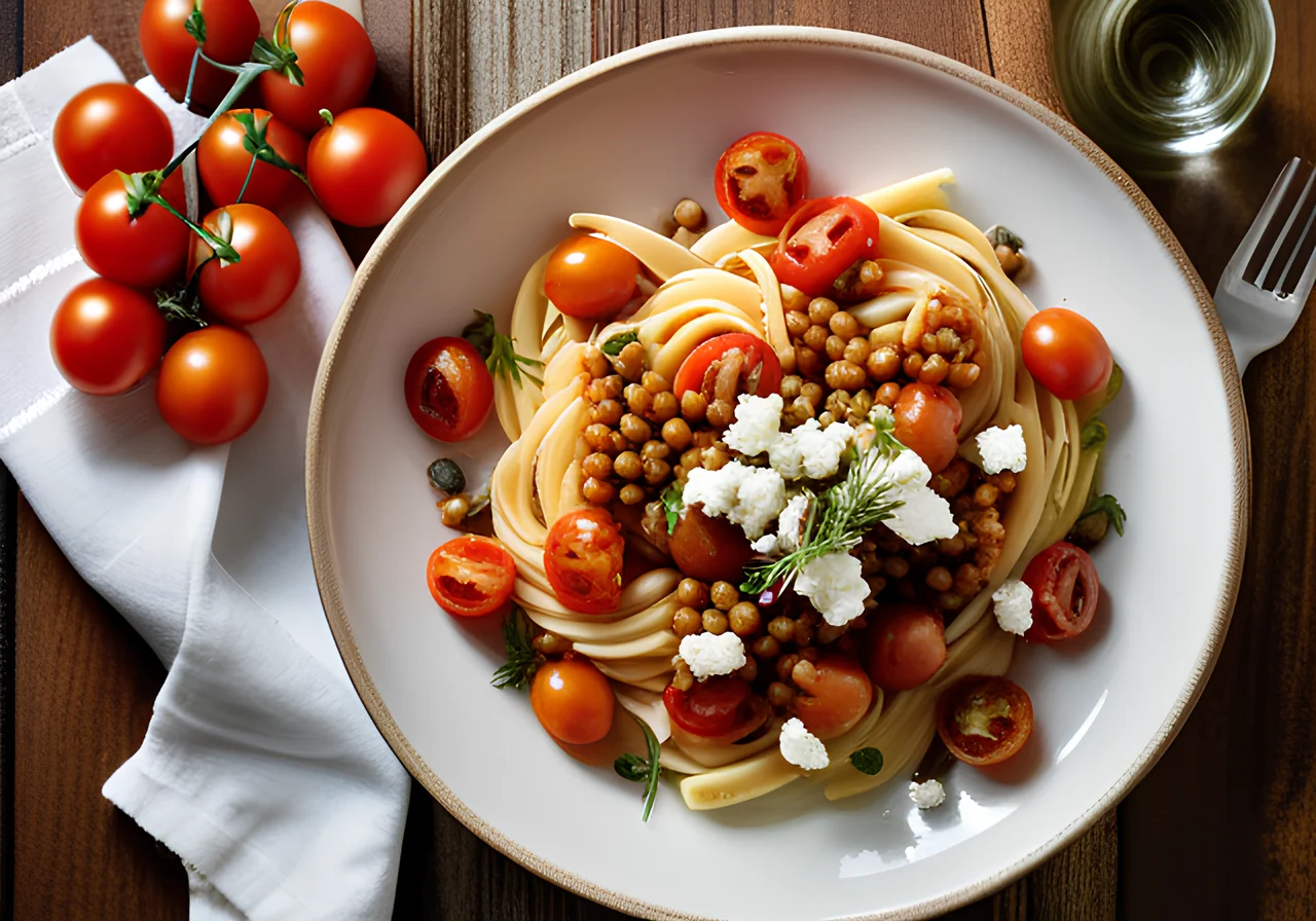 Spirelli with Tomato Sauce, Lentils and Feta