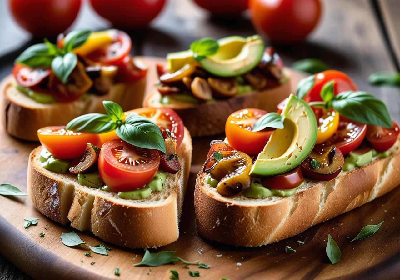 Tomaten-Crostini mit Paprika, Avocado und Pilzen