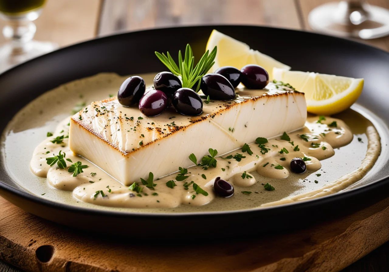 Halibut with Green and Black Olive Cream