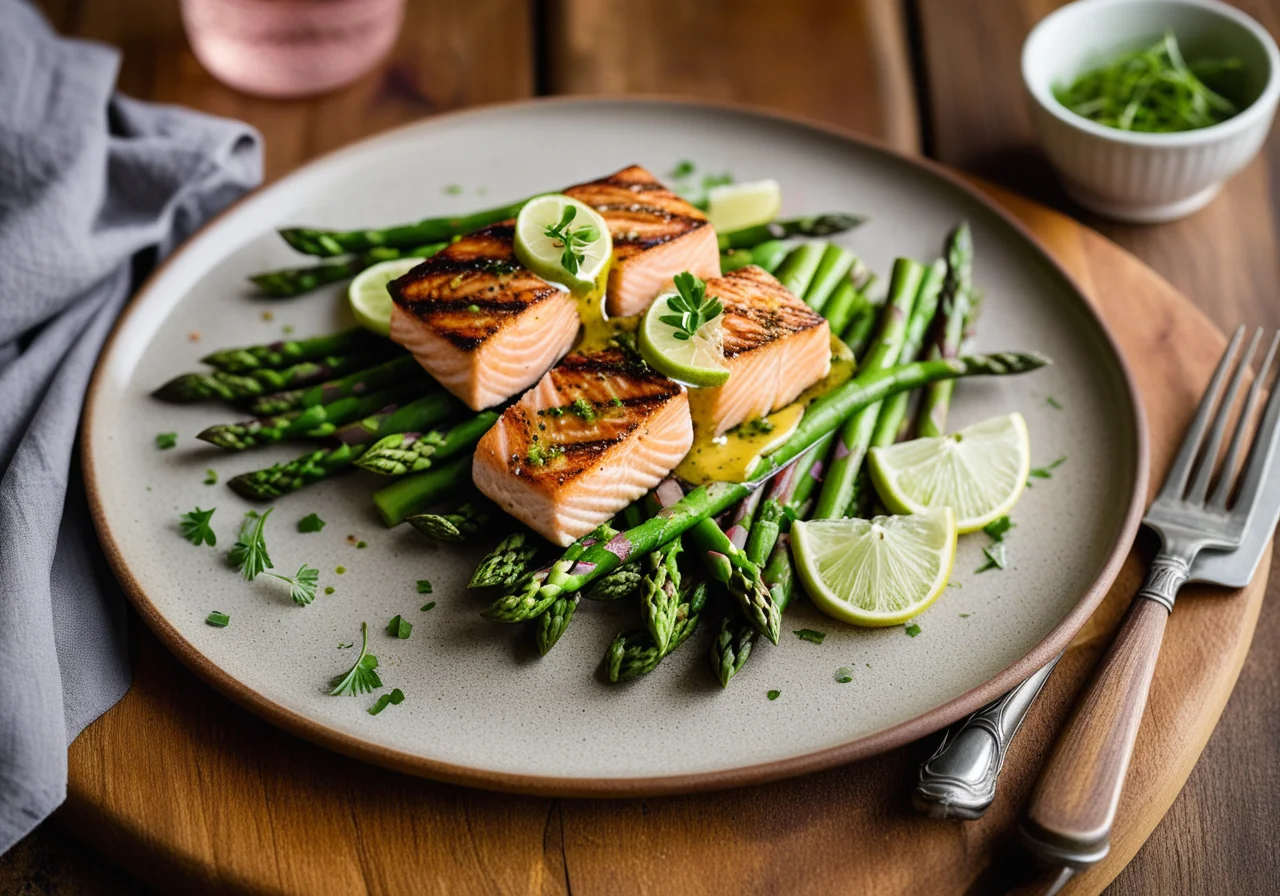 Salad plate with asparagus, salmon and toast