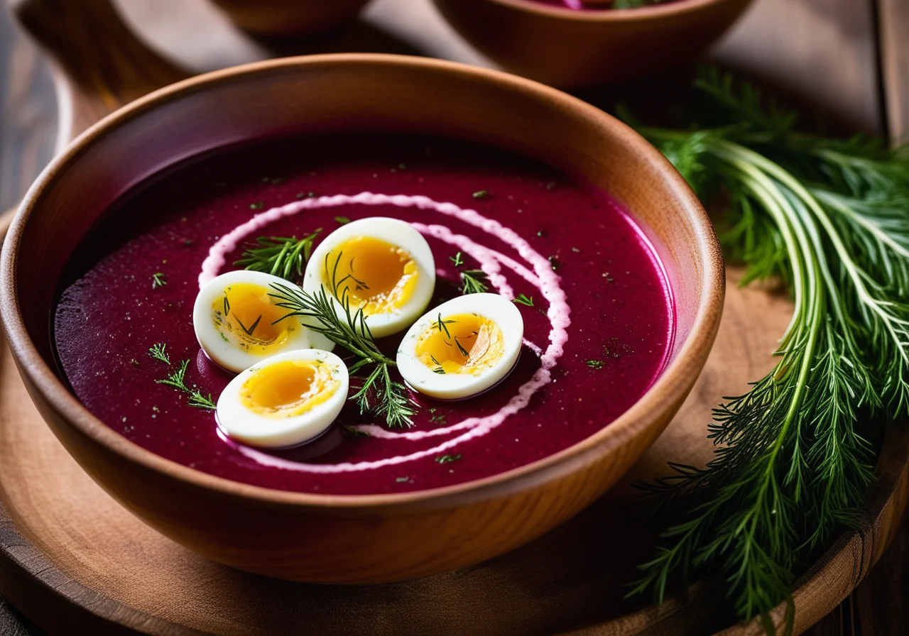 Beetroot Soup with Rice and Quail Eggs