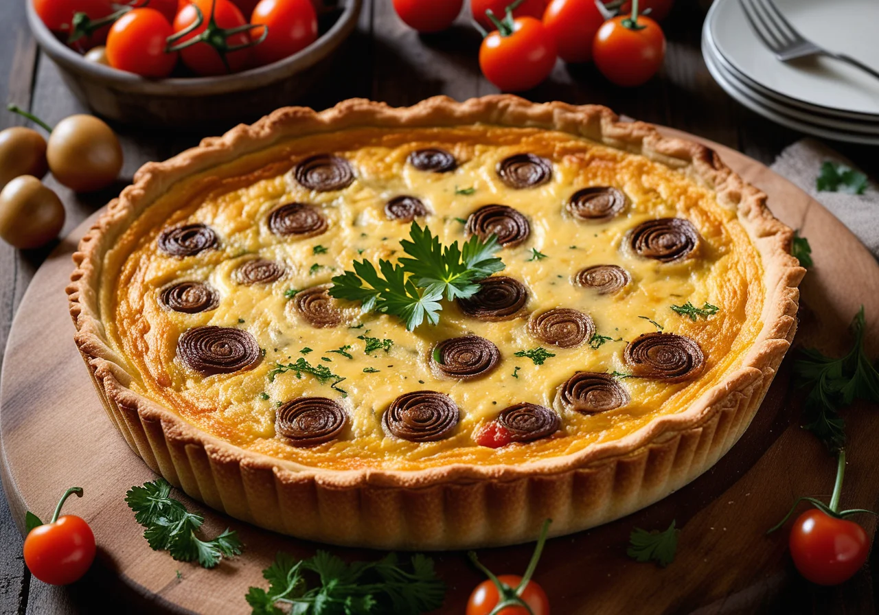 Quiche from Potato Dough with Mushrooms, Leek and Cherry Tomatoes