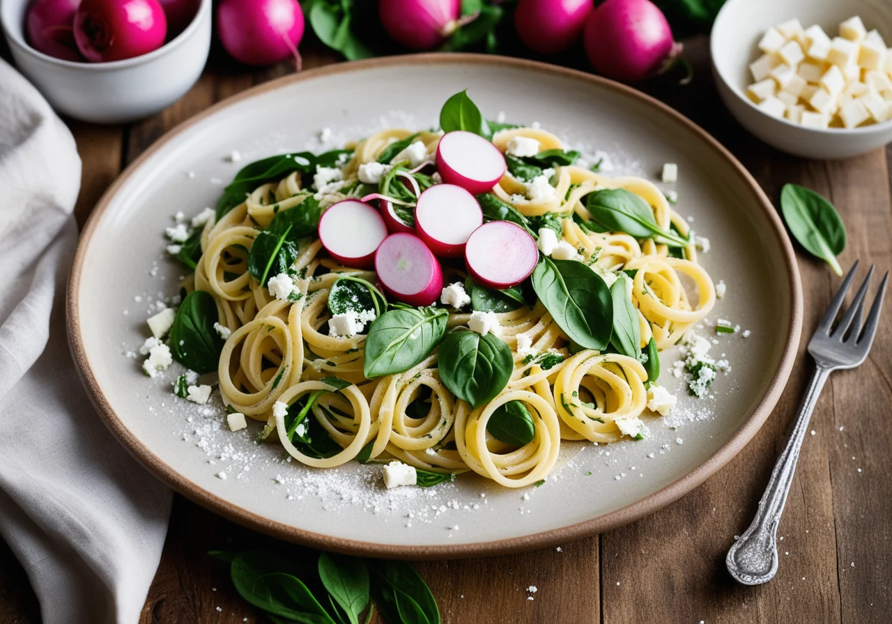 Linguine with Spinach, Feta and Radishes