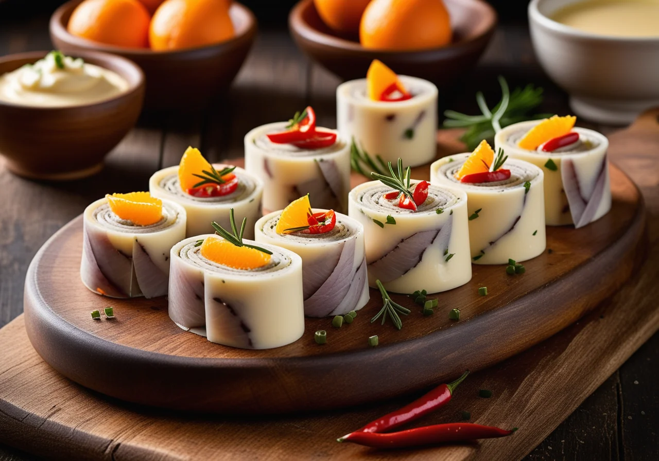 Herring rolls with paprika and cheese