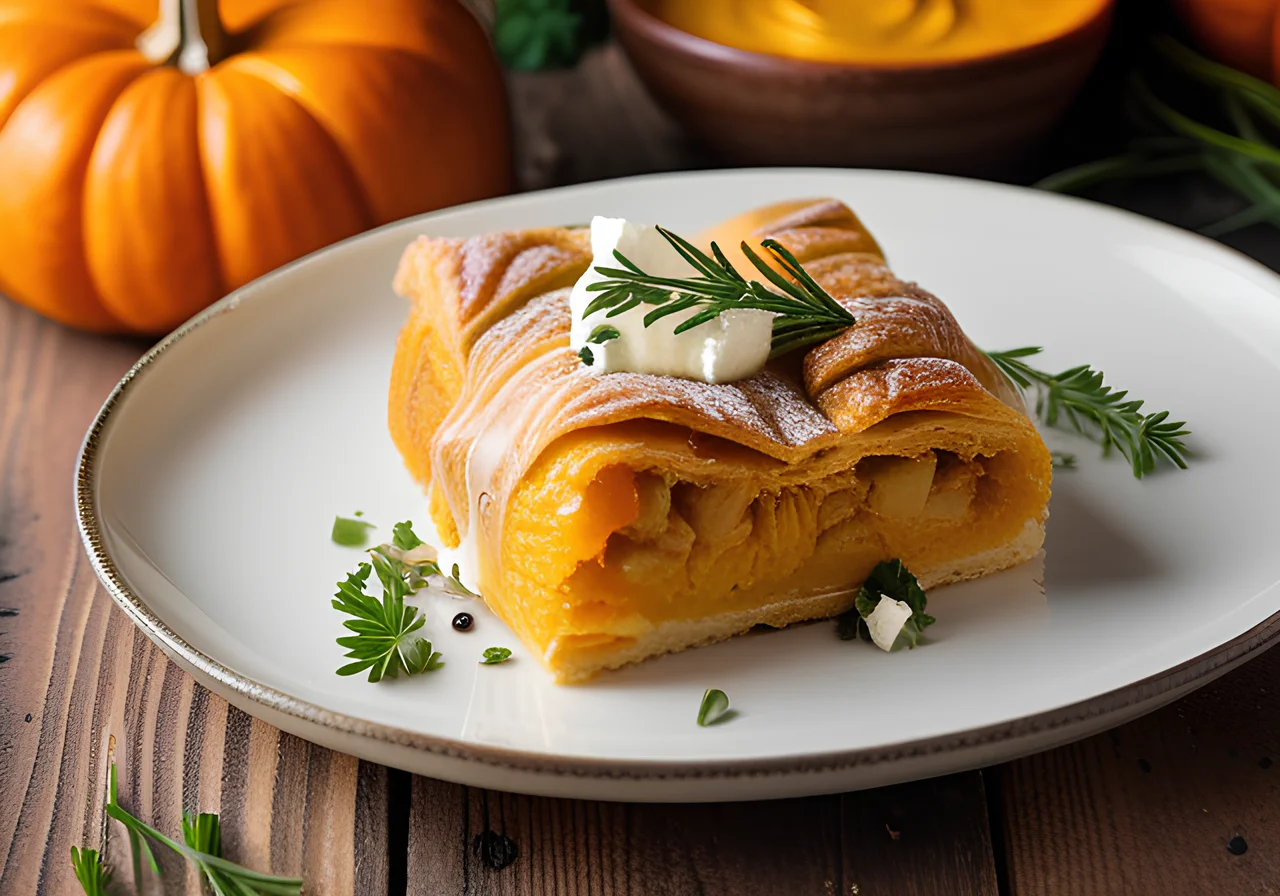 Savory Pumpkin Strudel with Feta and Chives Dip
