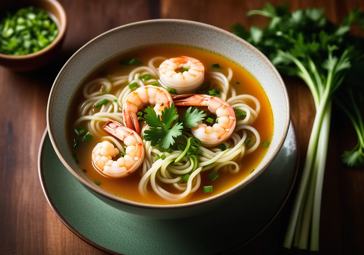 Vegetable Soup with Noodles and Shrimp