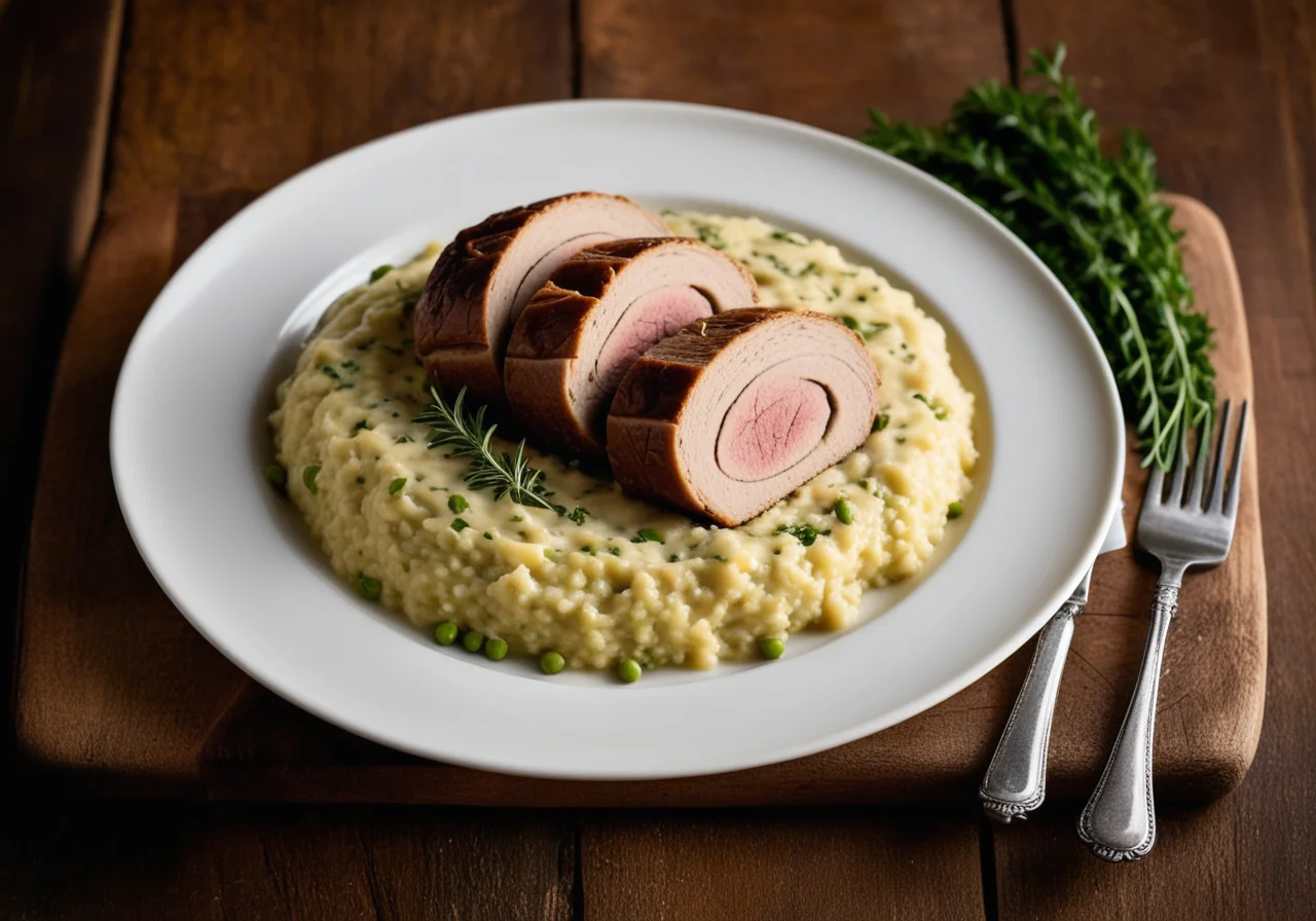 Kalbsrollbraten with Pea Risotto