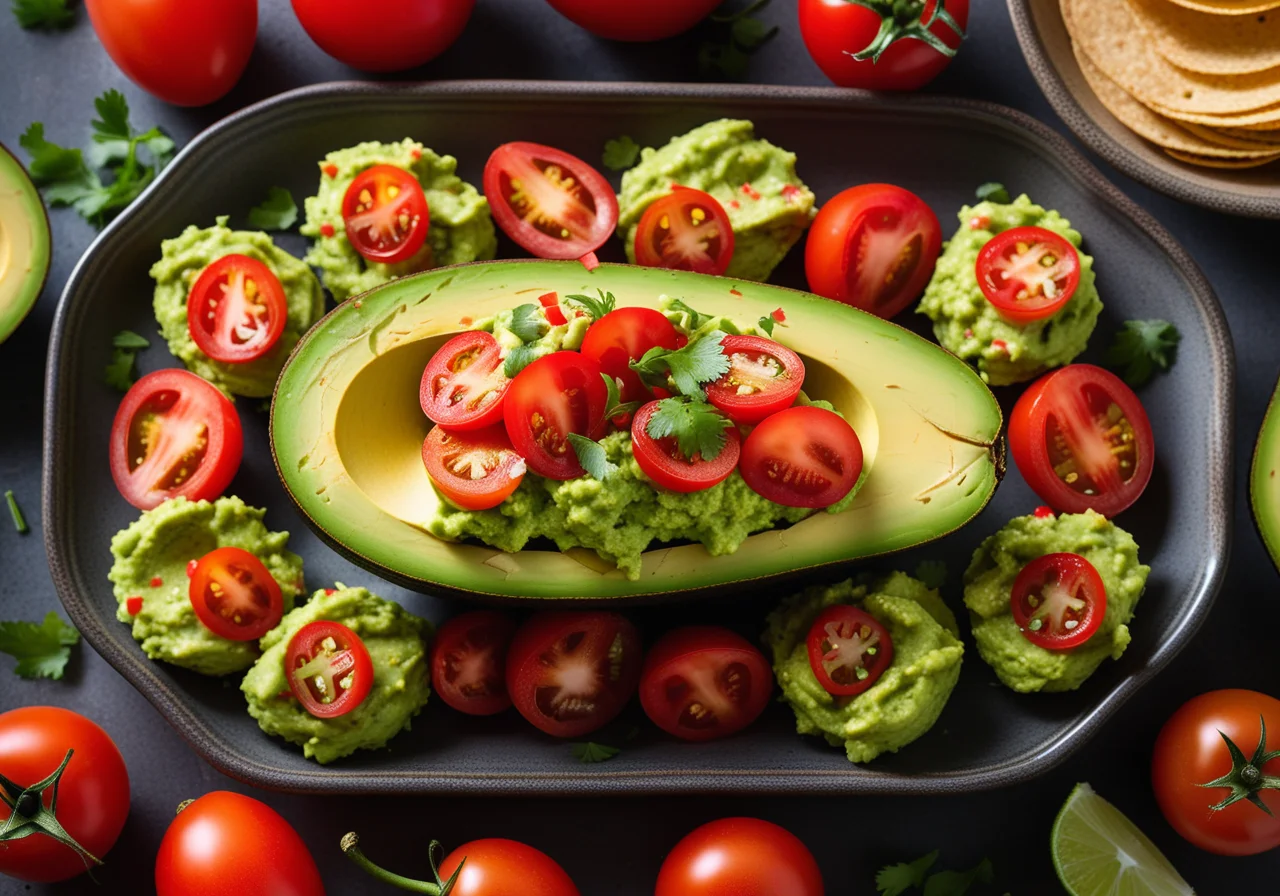 Avocado stuffed with guacamole and nachos