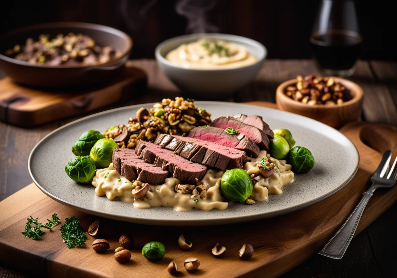 Beef Roast with Mushroom Sauce, Brussels Sprouts and Spaetzle