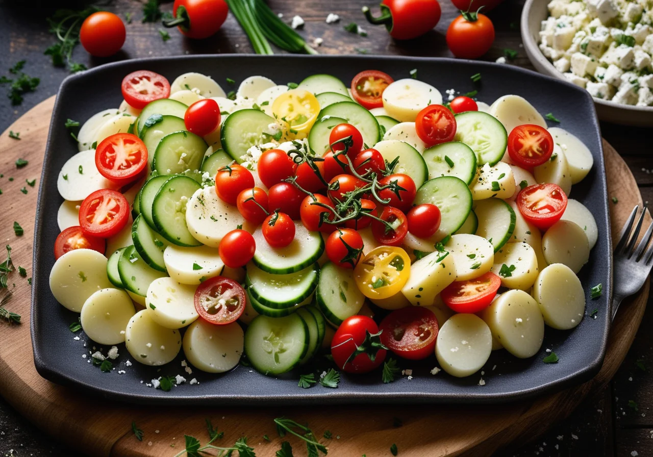 Colorful Potato Salad with Bell Pepper, Tomatoes and Feta