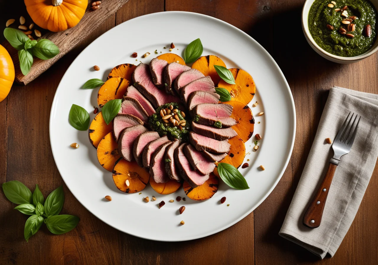 Steak Strips with Grilled Pumpkin and Pesto