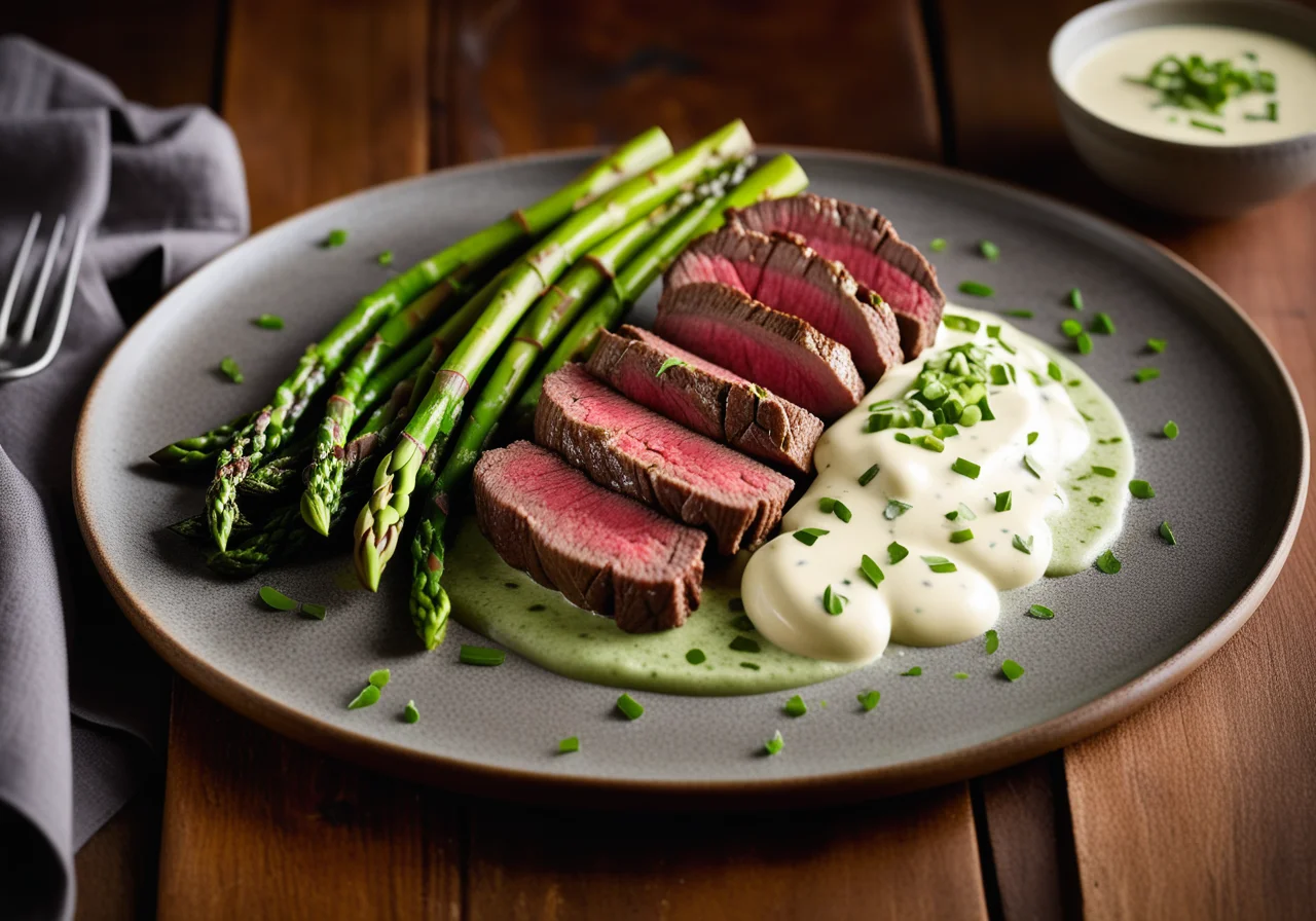 Beef Fillet with Herb Sauce and Green Asparagus