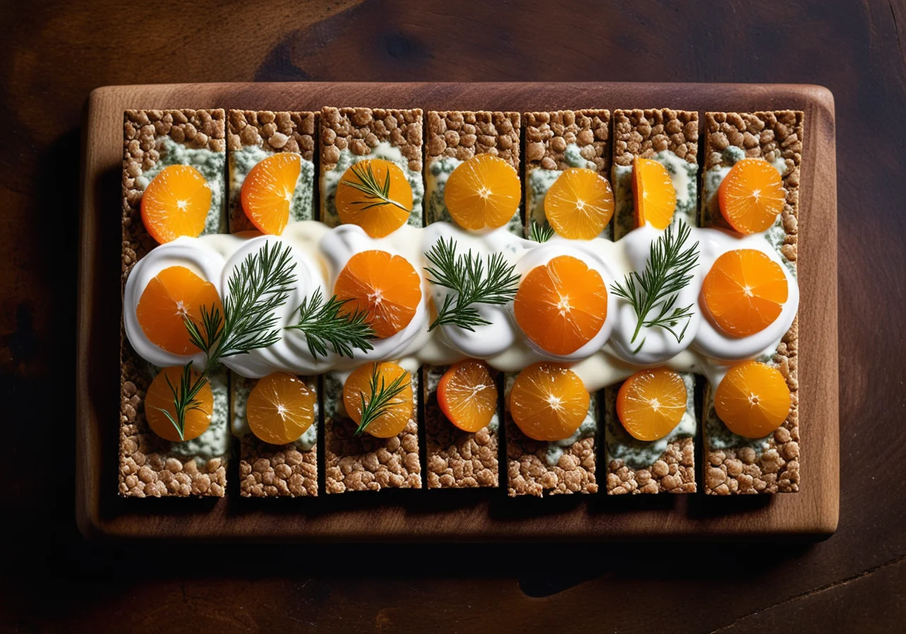 Crispbread Pieces with Dill Yogurt and Arctic Char Roe