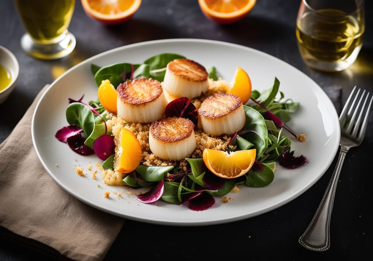 Seafood scallops with chicory salad