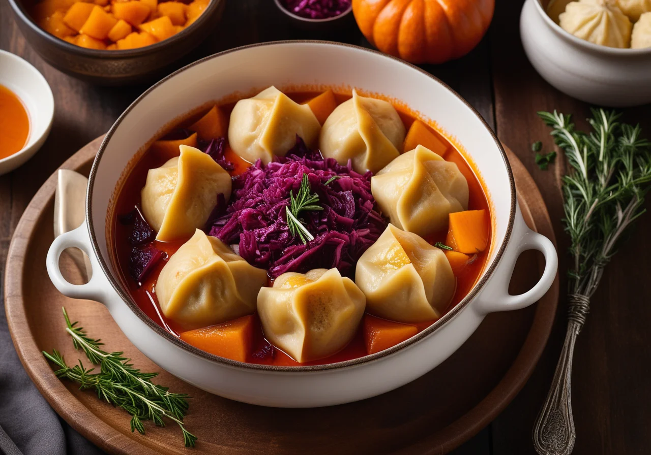 Wintery Pumpkin Stew with Red Cabbage and Dumplings