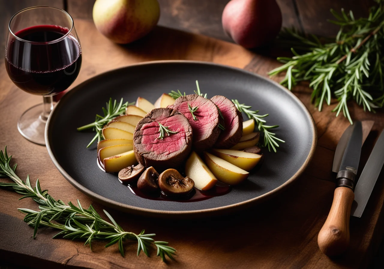 Venison Tenderloin / Venison Jus / Mushrooms / Dumplings / Wild Meadow Herb Salad