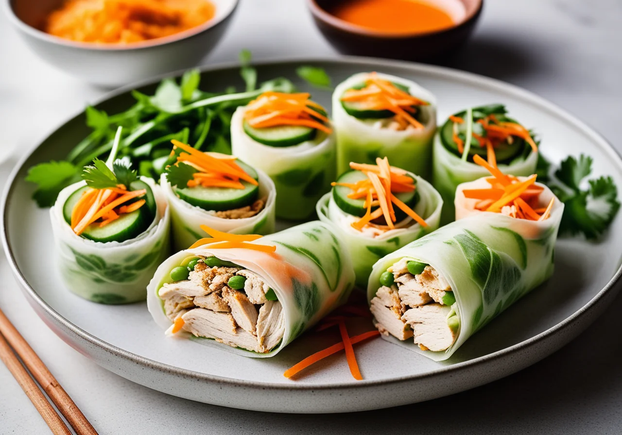 Rice Paper Rolls with Chicken, Veggies and Dip