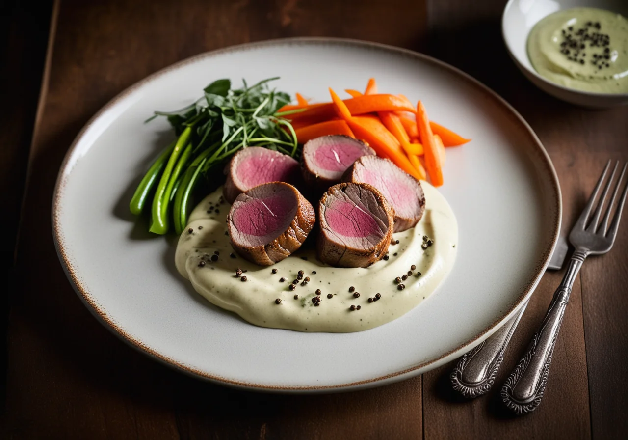 Pork Medallions with Pepper Sauce and Summer Vegetables