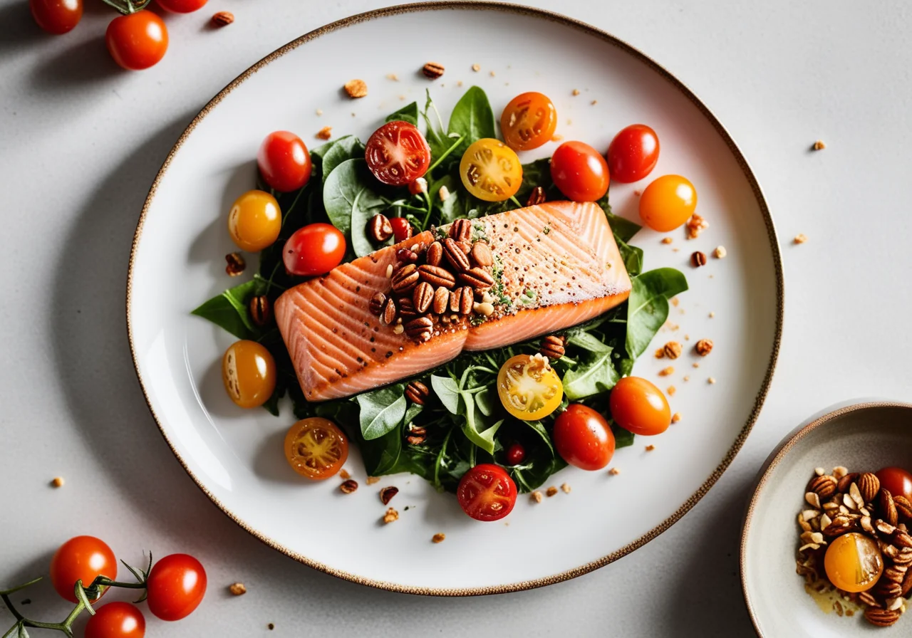 Salmon with Shallot-Hazelnut Mix on Salad Bed