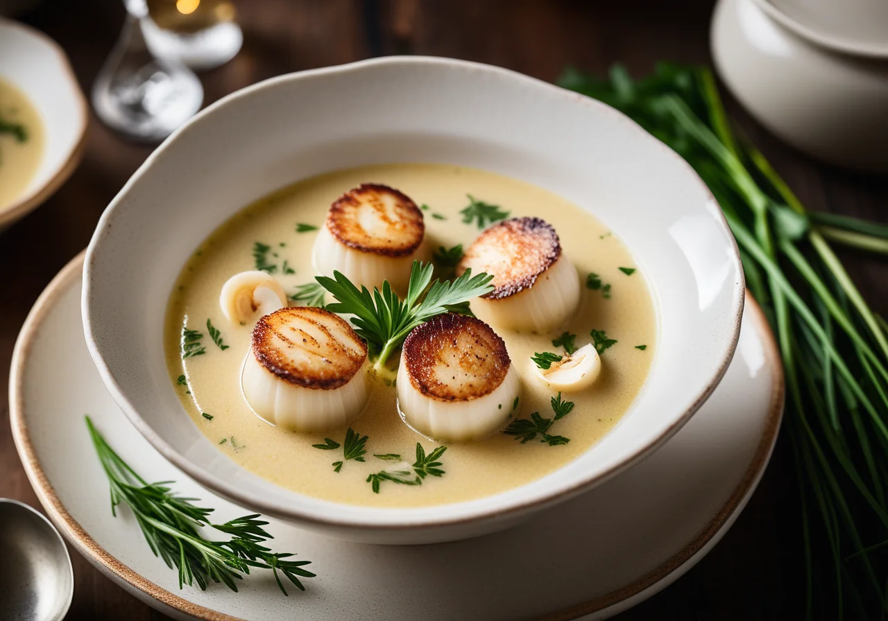 Pan‑fried Scallops in Herb Soup