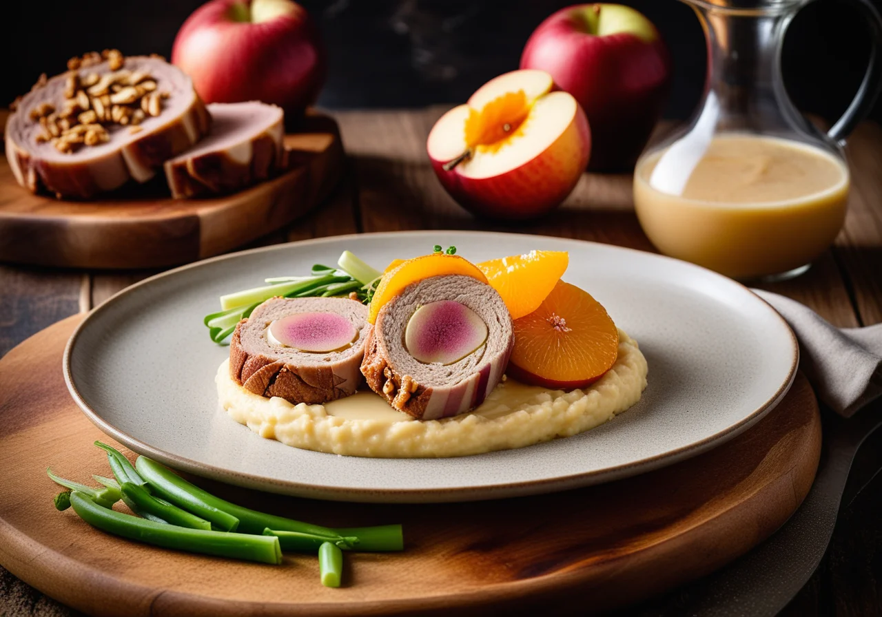 Rollbraten mit Nuss-Obstfüllung, Apfelkompott und Kartoffelpüree
