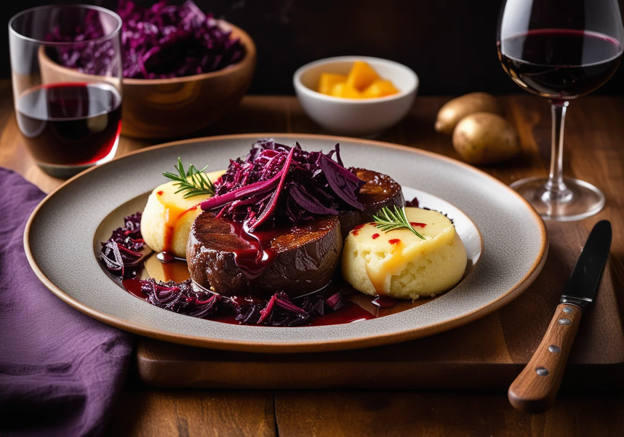 Sauerbraten in Rhineland style with potato dumplings and red cabbage