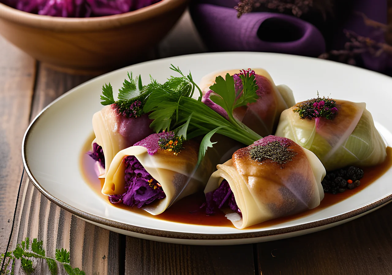 Red Cabbage Rolls Filled With Ground Beef and Leek